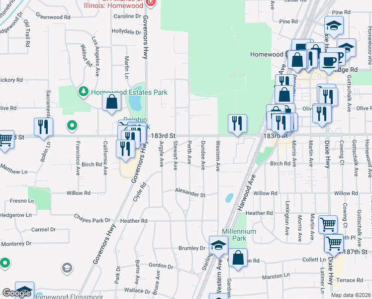 map of restaurants, bars, coffee shops, grocery stores, and more near 18330 Perth Avenue in Homewood