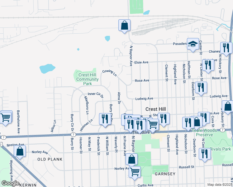 map of restaurants, bars, coffee shops, grocery stores, and more near 1803 Alma Drive in Crest Hill