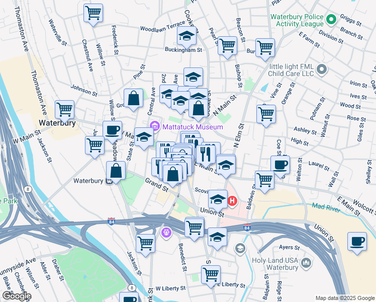 map of restaurants, bars, coffee shops, grocery stores, and more near 21 West Main Street in Waterbury