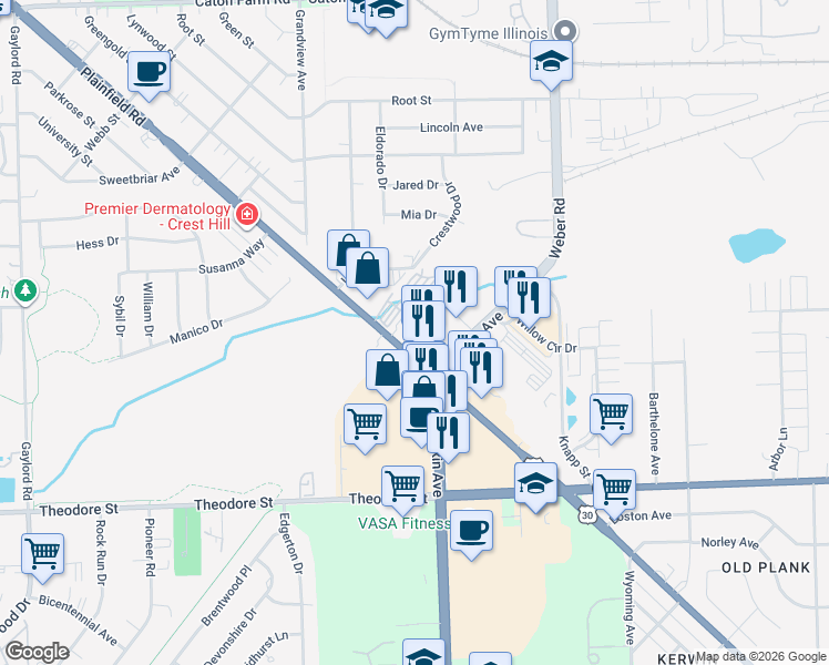 map of restaurants, bars, coffee shops, grocery stores, and more near 1820 Plainfield Road in Crest Hill
