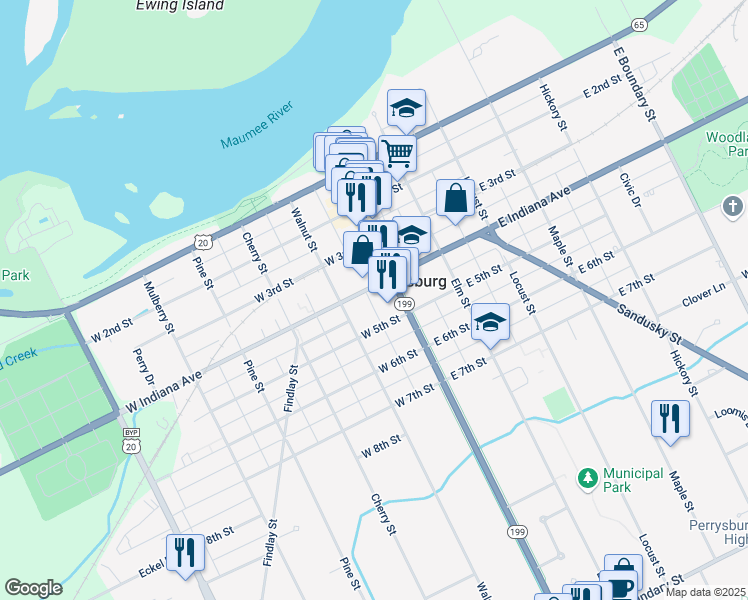 map of restaurants, bars, coffee shops, grocery stores, and more near 109 West 5th Street in Perrysburg