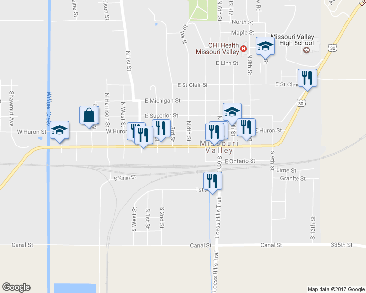 map of restaurants, bars, coffee shops, grocery stores, and more near 322 East Erie Street in Missouri Valley