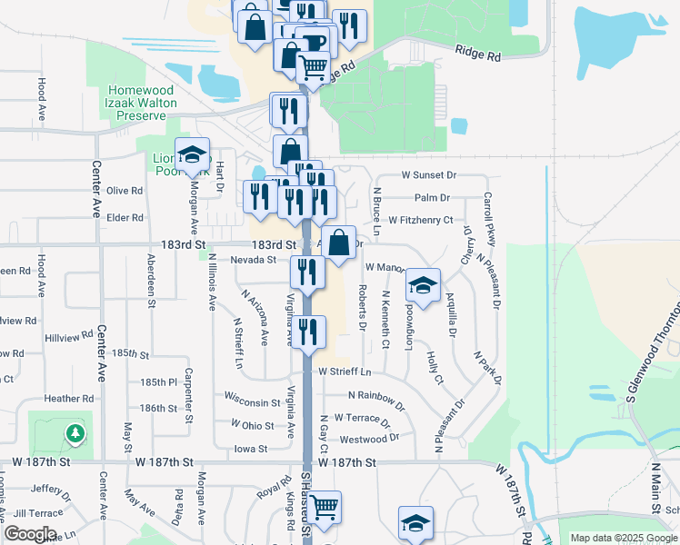 map of restaurants, bars, coffee shops, grocery stores, and more near 18325 South Halsted Street in Glenwood