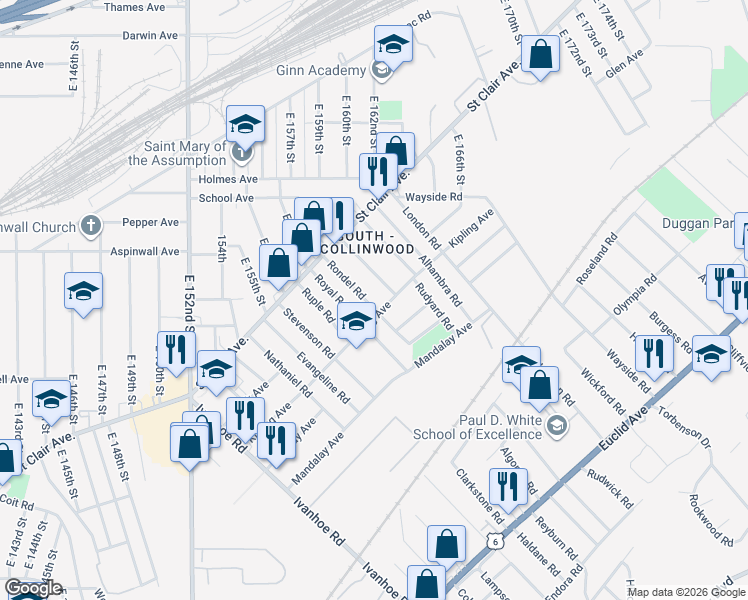 map of restaurants, bars, coffee shops, grocery stores, and more near 931 Rondel Road in Cleveland