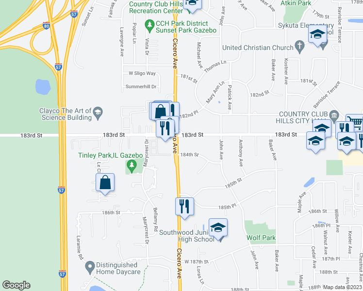 map of restaurants, bars, coffee shops, grocery stores, and more near 18321 South Cicero Avenue in Country Club Hills