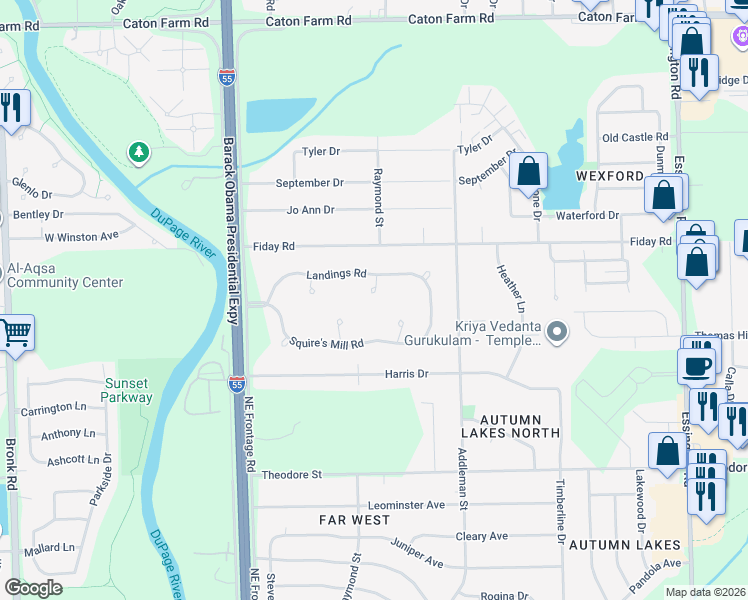 map of restaurants, bars, coffee shops, grocery stores, and more near 1900 Landings Court in Joliet