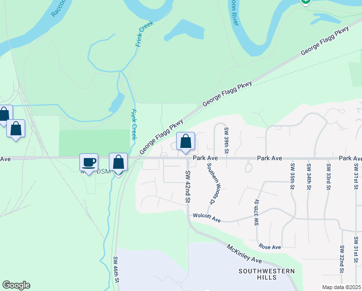 map of restaurants, bars, coffee shops, grocery stores, and more near 4301 Park Avenue in Des Moines