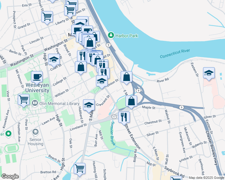 map of restaurants, bars, coffee shops, grocery stores, and more near 70 Crescent Street in Middletown