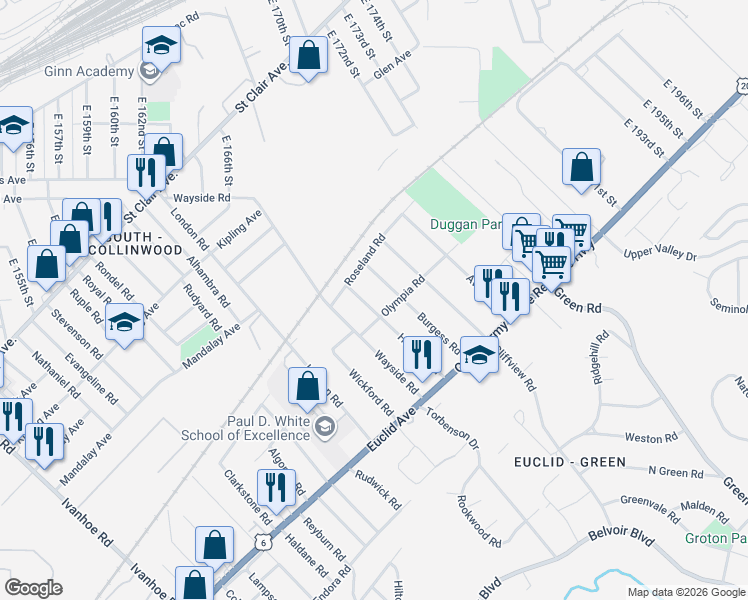 map of restaurants, bars, coffee shops, grocery stores, and more near 1674 Hillview Road in Cleveland