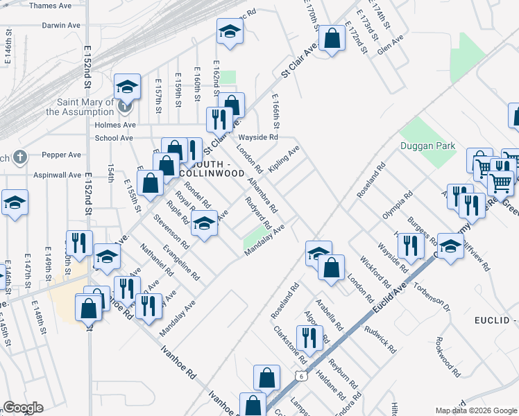 map of restaurants, bars, coffee shops, grocery stores, and more near 16316 Sanford Avenue in Cleveland