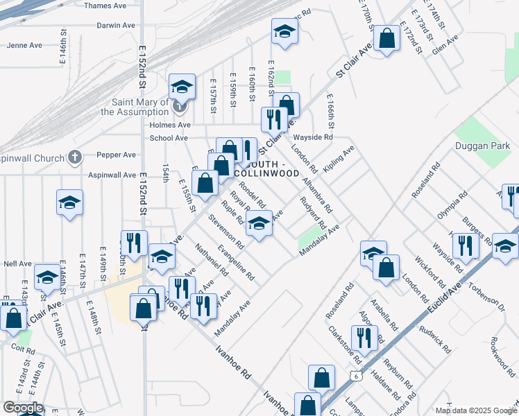 map of restaurants, bars, coffee shops, grocery stores, and more near 901 Royal Road in Cleveland