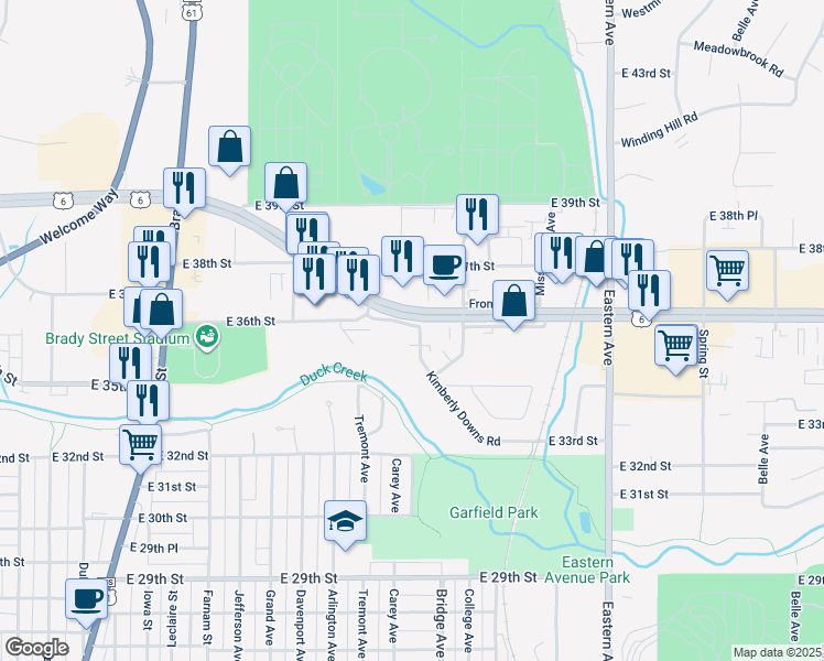 map of restaurants, bars, coffee shops, grocery stores, and more near 3562 Kimberly Downs Road in Davenport