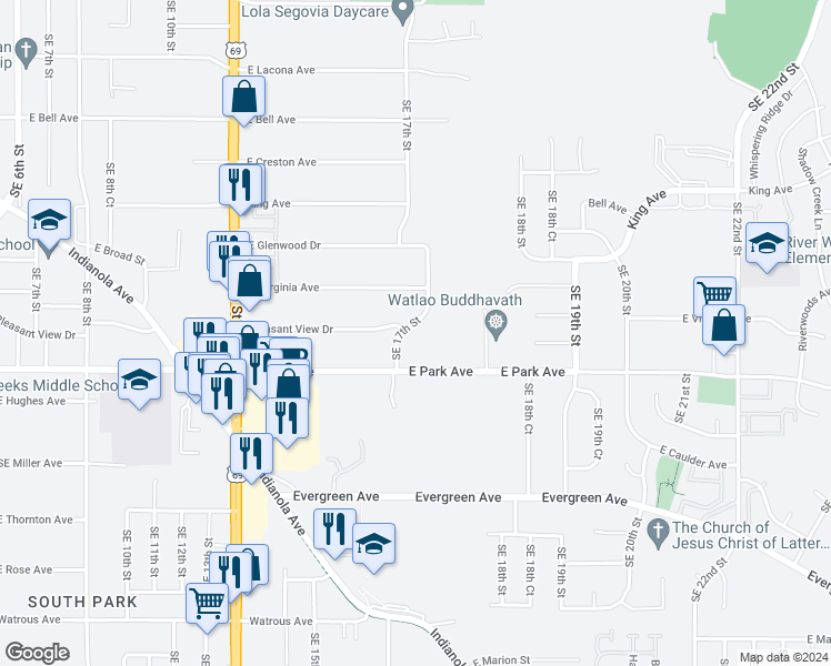 map of restaurants, bars, coffee shops, grocery stores, and more near 1646 East Park Avenue in Des Moines
