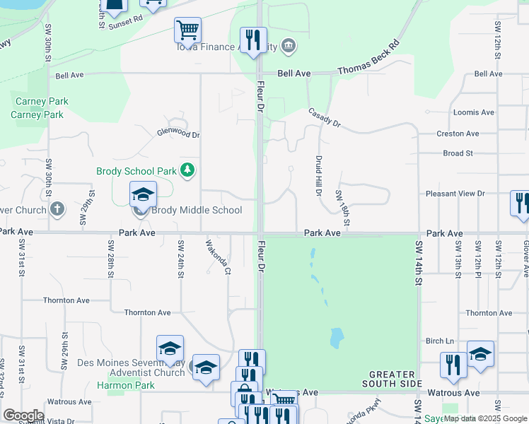 map of restaurants, bars, coffee shops, grocery stores, and more near in Des Moines