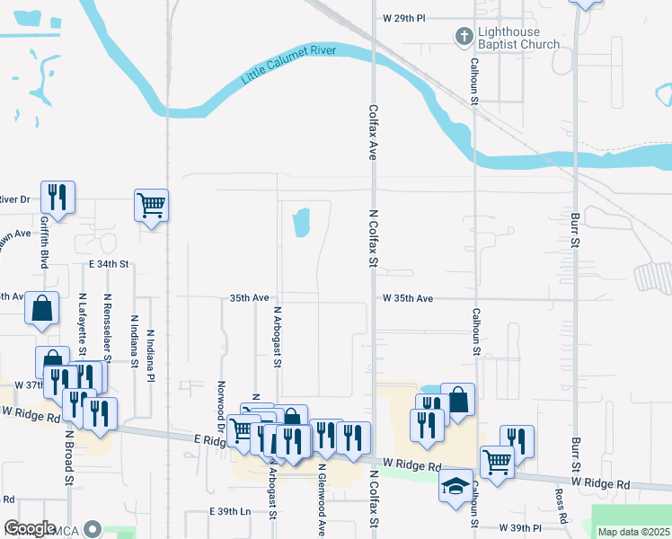 map of restaurants, bars, coffee shops, grocery stores, and more near 1927 North Mansard Boulevard in Griffith