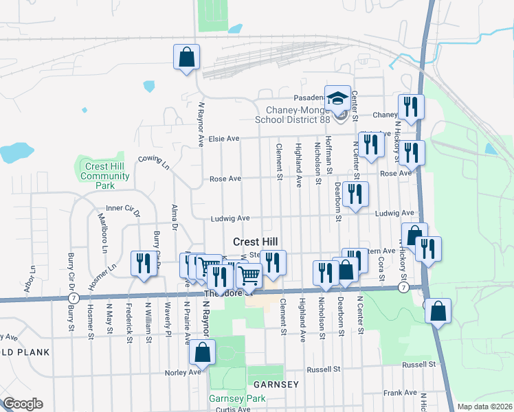map of restaurants, bars, coffee shops, grocery stores, and more near 1800 Oakland Avenue in Crest Hill