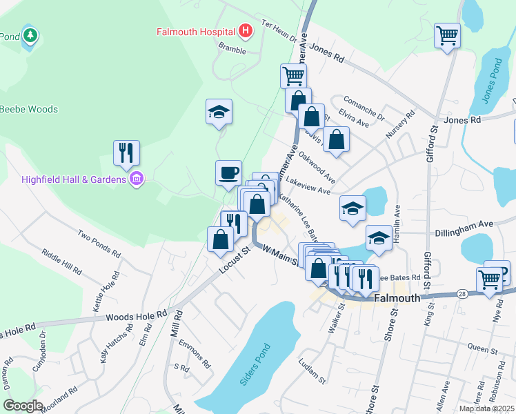 map of restaurants, bars, coffee shops, grocery stores, and more near 47 North Main Street in Falmouth
