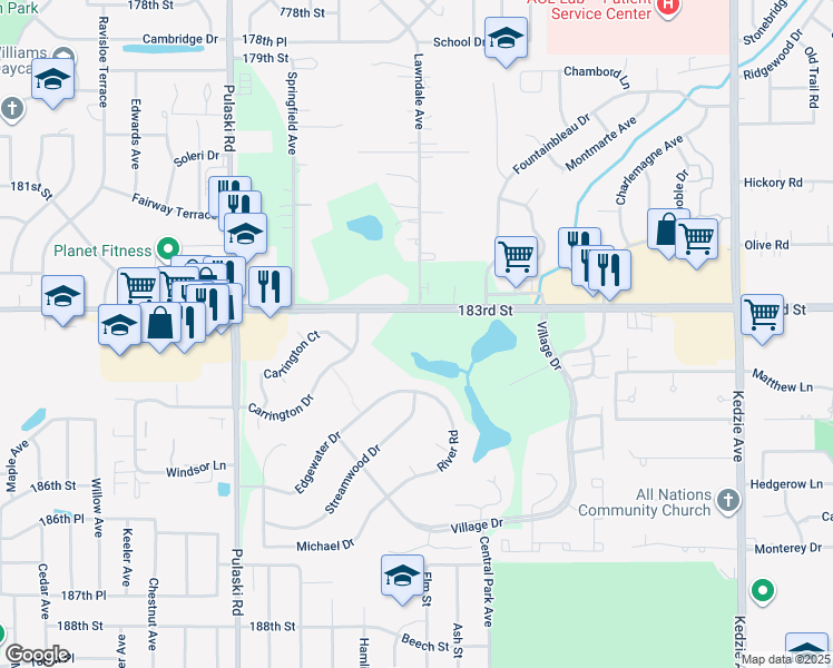 map of restaurants, bars, coffee shops, grocery stores, and more near 3701 183rd Street in Hazel Crest