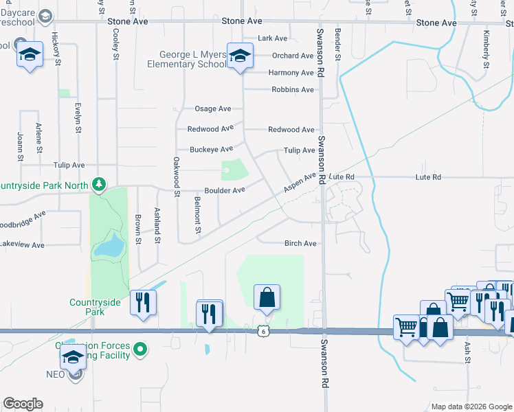 map of restaurants, bars, coffee shops, grocery stores, and more near 5489 Aspen Avenue in Portage