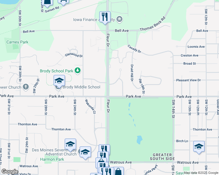 map of restaurants, bars, coffee shops, grocery stores, and more near in Des Moines