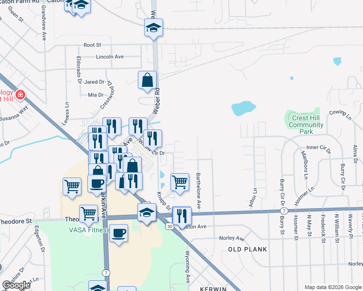 map of restaurants, bars, coffee shops, grocery stores, and more near 1806 Willow Circle Drive in Crest Hill