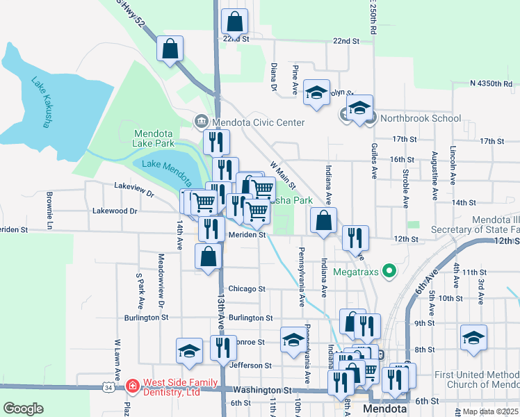 map of restaurants, bars, coffee shops, grocery stores, and more near 1501 13th Avenue in Mendota