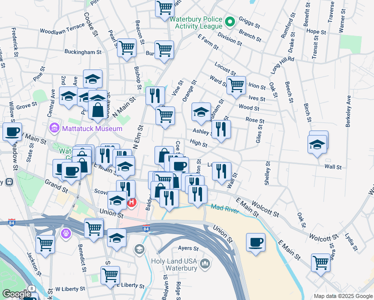 map of restaurants, bars, coffee shops, grocery stores, and more near 59 Walnut Street in Waterbury