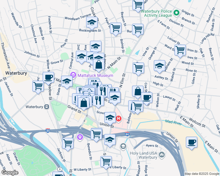 map of restaurants, bars, coffee shops, grocery stores, and more near 99E South Main Street in Waterbury