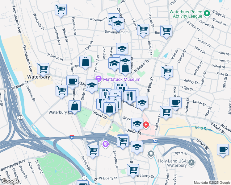 map of restaurants, bars, coffee shops, grocery stores, and more near 21 West Main Street in Waterbury