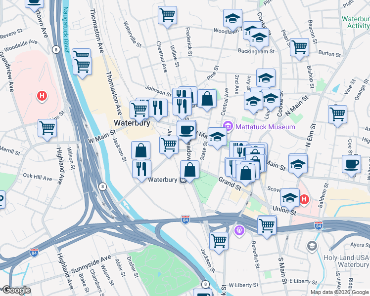 map of restaurants, bars, coffee shops, grocery stores, and more near in Waterbury