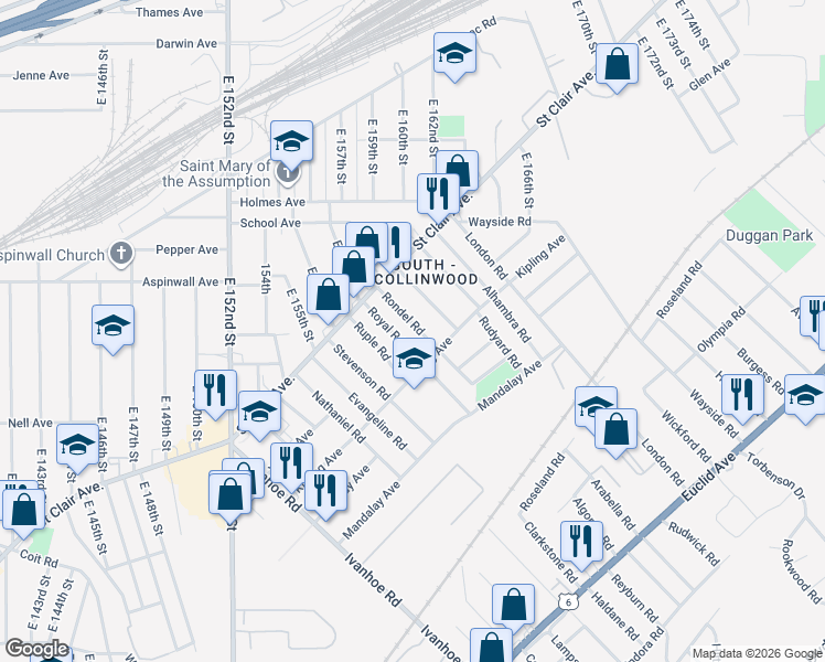 map of restaurants, bars, coffee shops, grocery stores, and more near 901 Royal Road in Cleveland
