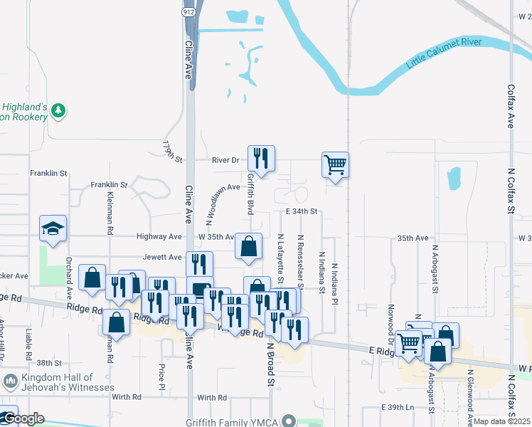 map of restaurants, bars, coffee shops, grocery stores, and more near 1918 North Lafayette Street in Griffith