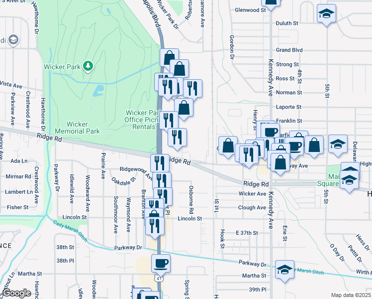 map of restaurants, bars, coffee shops, grocery stores, and more near 2517-2549 Ridge Road in Highland