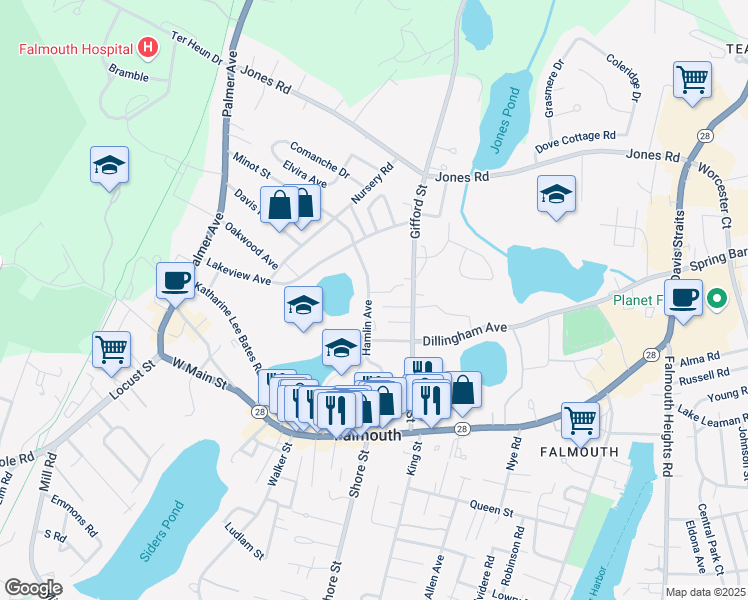map of restaurants, bars, coffee shops, grocery stores, and more near 34 Lt Hauser Lane in Falmouth