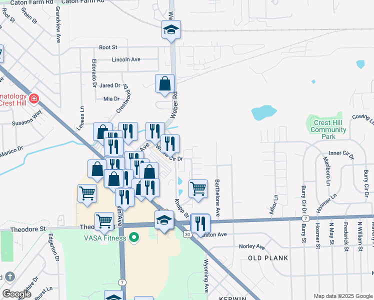 map of restaurants, bars, coffee shops, grocery stores, and more near 1691 Willow Circle Drive in Crest Hill
