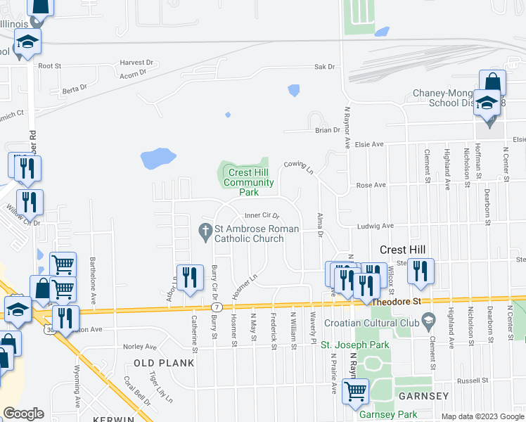 map of restaurants, bars, coffee shops, grocery stores, and more near 1811 Innercircle Drive in Crest Hill