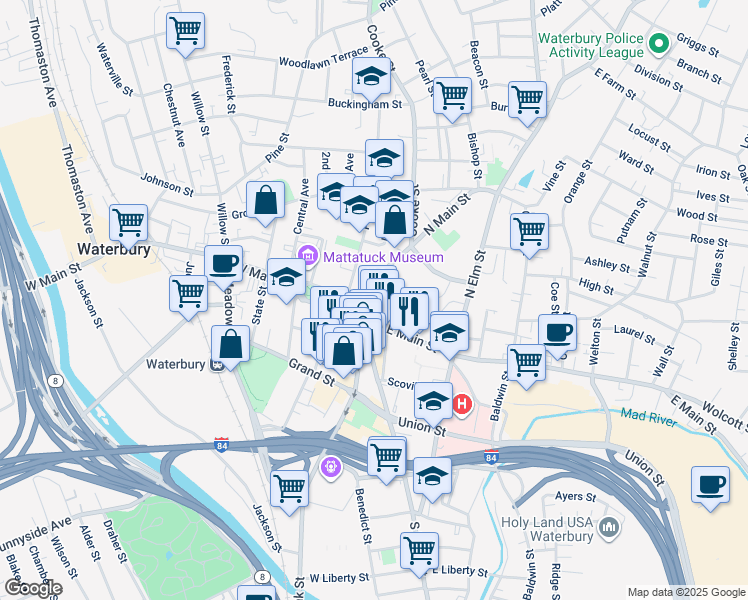 map of restaurants, bars, coffee shops, grocery stores, and more near 21 West Main Street in Waterbury