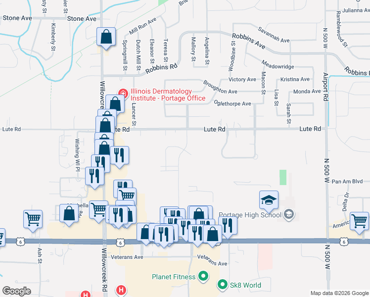map of restaurants, bars, coffee shops, grocery stores, and more near 3279 Augusta Boulevard in Portage