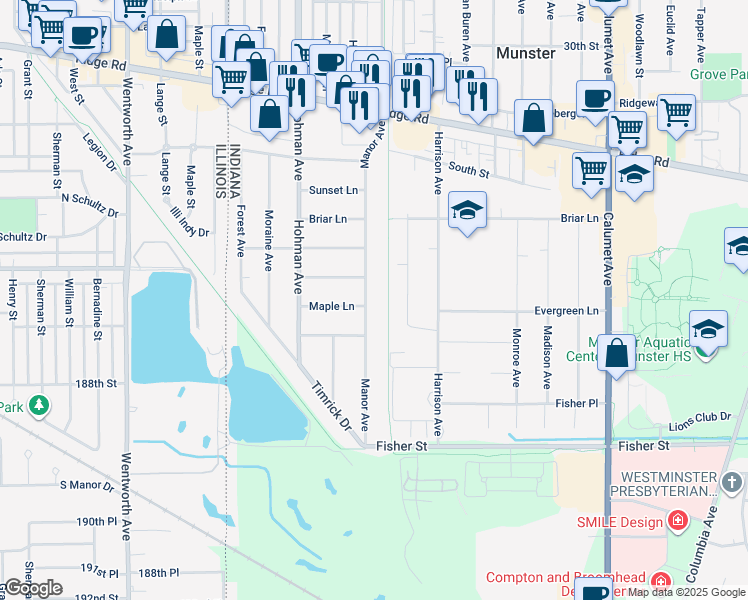 map of restaurants, bars, coffee shops, grocery stores, and more near 8601 Manor Avenue in Munster