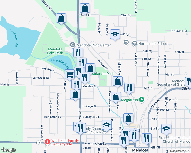 map of restaurants, bars, coffee shops, grocery stores, and more near 1501 13th Avenue in Mendota