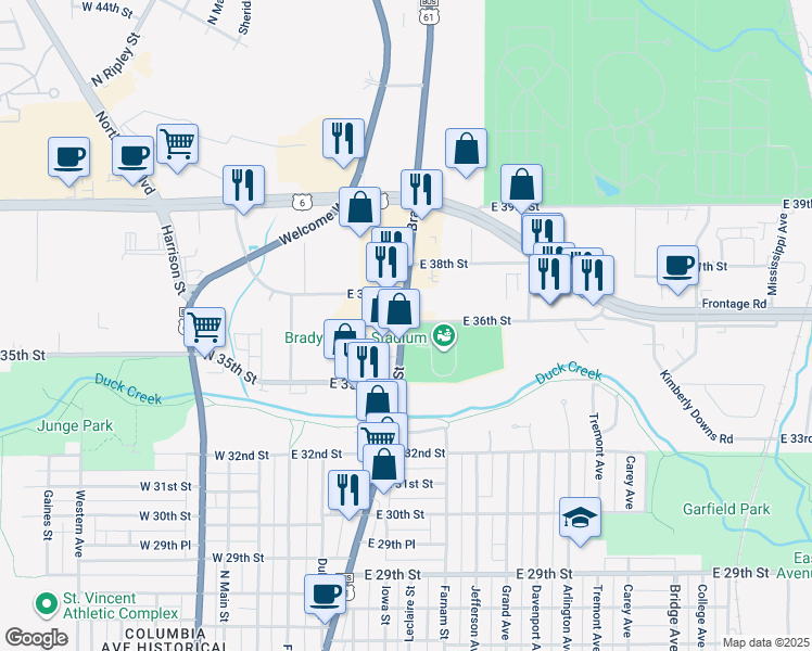map of restaurants, bars, coffee shops, grocery stores, and more near 3563 Brady Street in Davenport