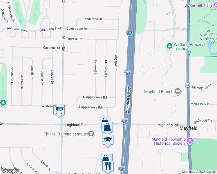 map of restaurants, bars, coffee shops, grocery stores, and more near 483 Medway Road in Highland Heights