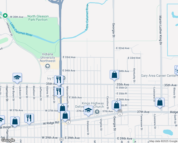 map of restaurants, bars, coffee shops, grocery stores, and more near 3401 Delaware Street in Gary