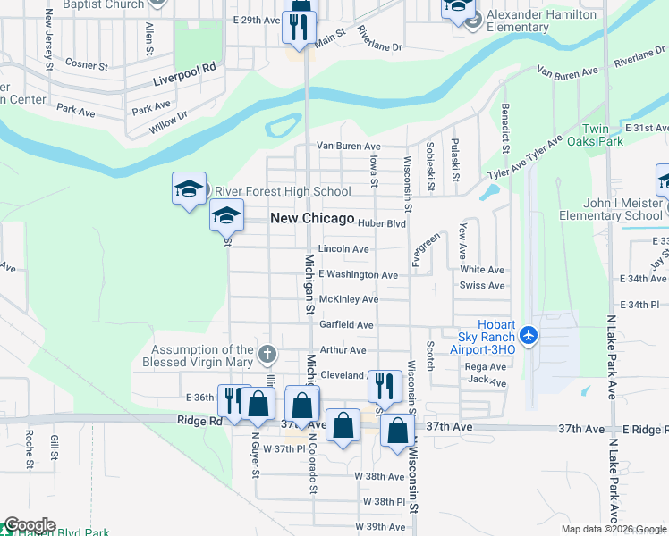 map of restaurants, bars, coffee shops, grocery stores, and more near 230 East Washington Avenue in New Chicago