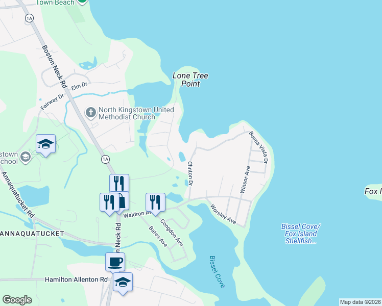 map of restaurants, bars, coffee shops, grocery stores, and more near 84 Clinton Drive in North Kingstown