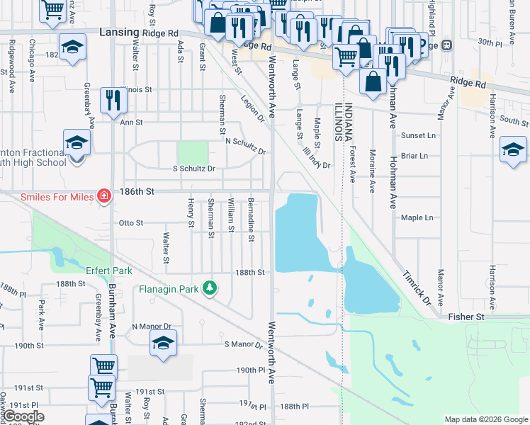 map of restaurants, bars, coffee shops, grocery stores, and more near 18624 Wentworth Avenue in Lansing
