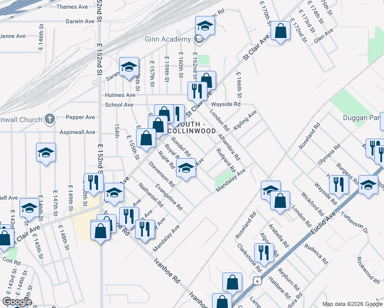 map of restaurants, bars, coffee shops, grocery stores, and more near 901 Royal Road in Cleveland