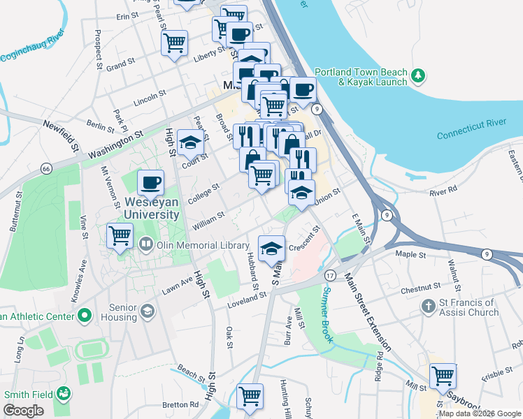 map of restaurants, bars, coffee shops, grocery stores, and more near 17 Church Street in Middletown