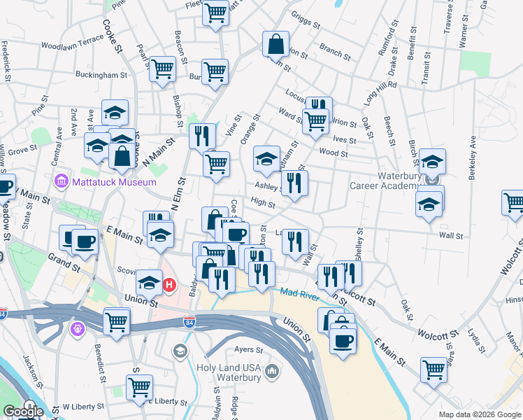 map of restaurants, bars, coffee shops, grocery stores, and more near in Waterbury