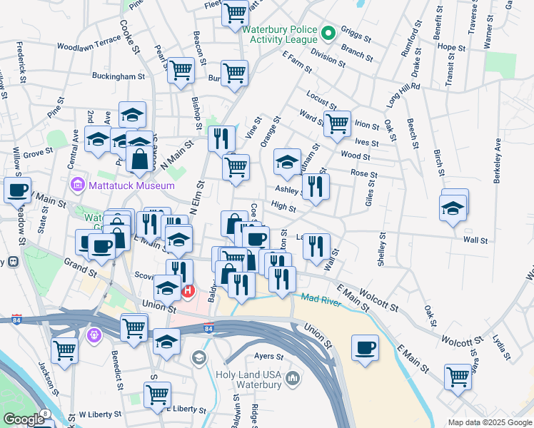 map of restaurants, bars, coffee shops, grocery stores, and more near 59 Walnut Street in Waterbury